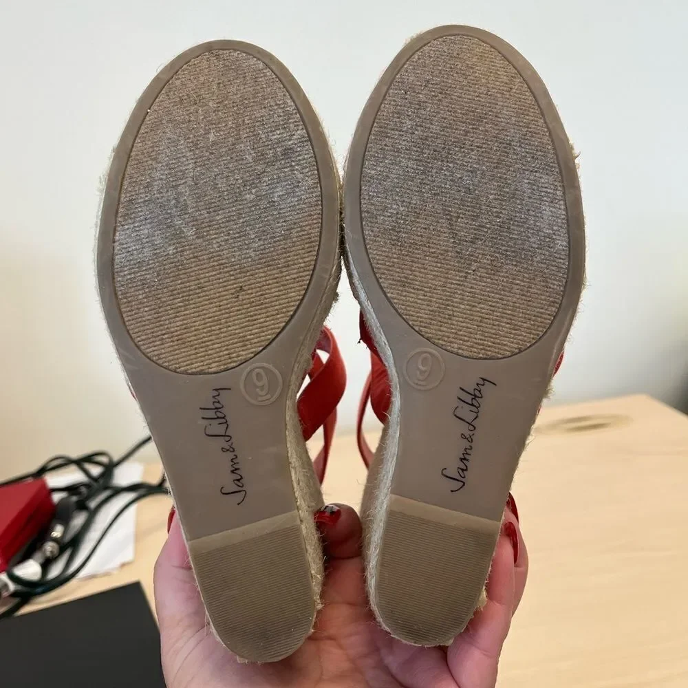 Sam & Libby Salmon Banquet Strappy Espadrille Wedge Sandals sz 9 EUC
